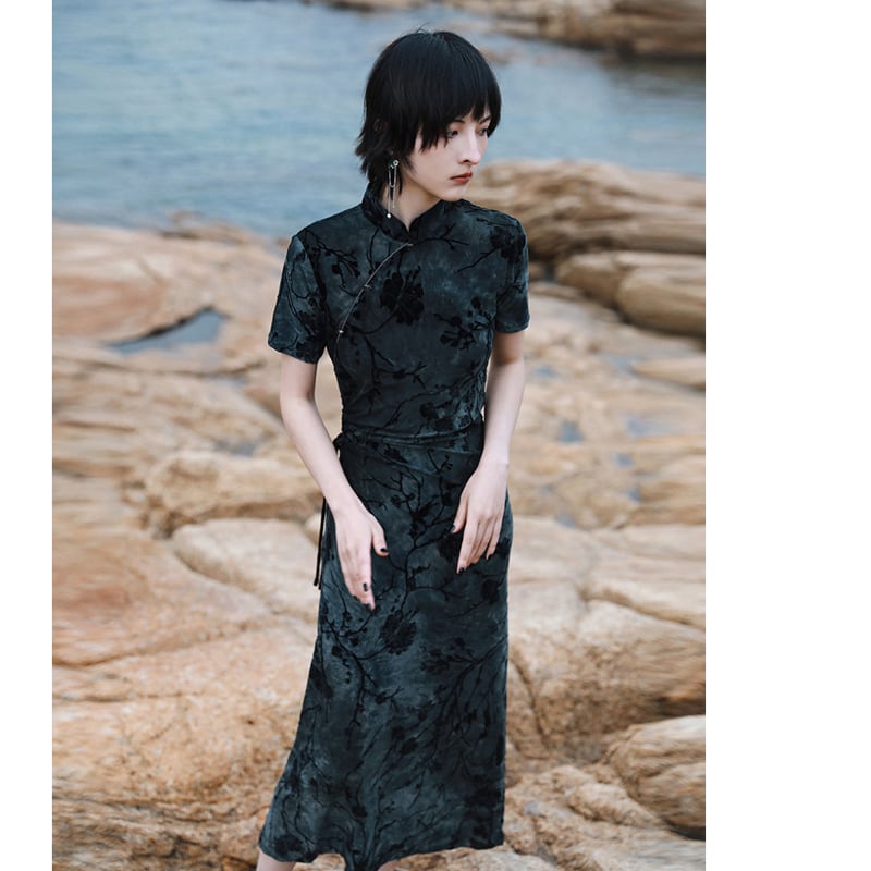 [Da Qinglong Shu Series] ★China style dress★ Improved cheongsam dress, sexy velvet, long length, improves temperament, photo shoot, party