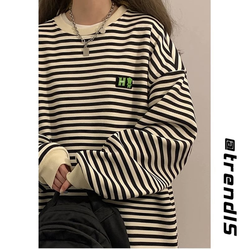 [BIGEMAN Series] ★Tops★ 2color Horizontal striped pattern long sleeve tops Unisex Men's Large size Black Coffee color