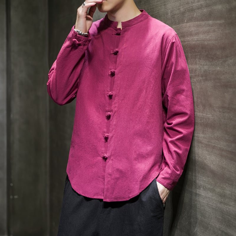 [Koji series] ★China style tops★Men's shirt 9color China button stand neck casual large size plain color