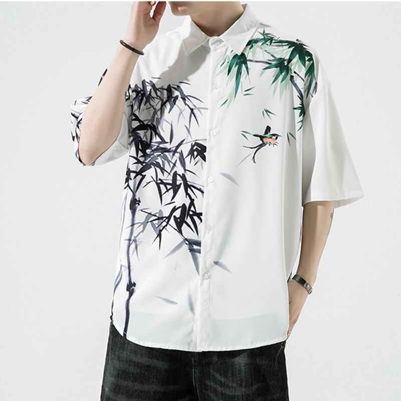 [MOWENZHAI Series] ★Chinese style shirt★ Tops, unisex, men's, bamboo print, large size, cool, Chinese clothing