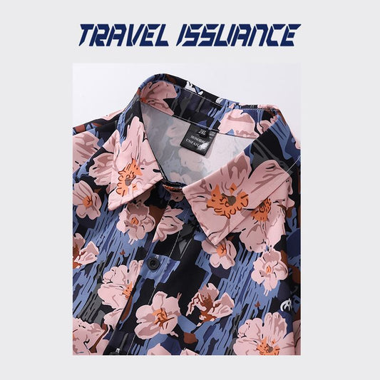 【TRAVEL ISSUANCEシリーズ】★レトロ シャツ★ 花柄シャツ 男女兼用 メンズ 海辺 旅行 撮影 ブルー 青い 可愛い 合わせやすい