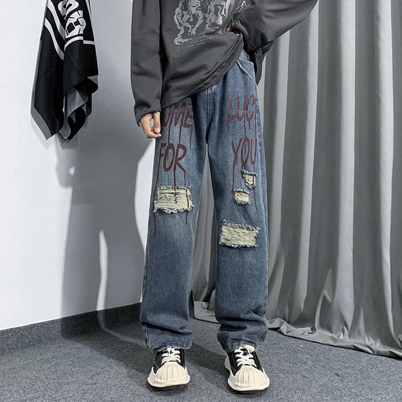 [HANLICHEN Series]★Denim Pants★ Casual Pants Trousers Bottoms Large Size Unisex Men's Graffiti Harajuku Style