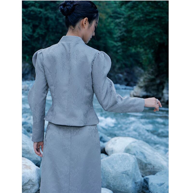 [Big Blue Dragon Series] ★China style outerwear★ Mini length with design Original Gray Gray Improves temperament