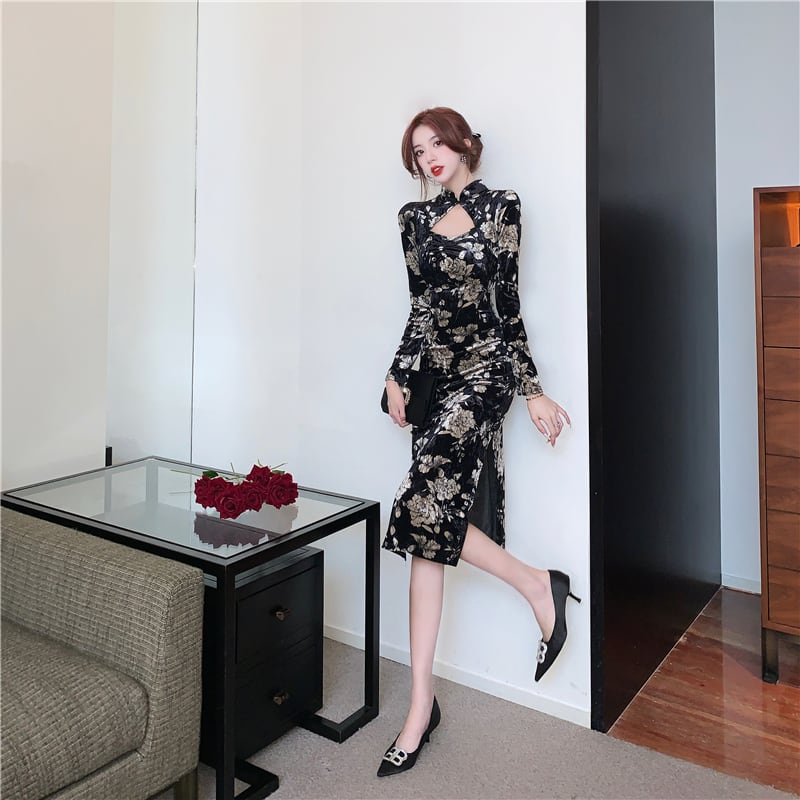 [Hundred Minute Eight Series] ★Floral pattern cheongsam★ Velvet, slimming, sexy, black, black SML, easy to match