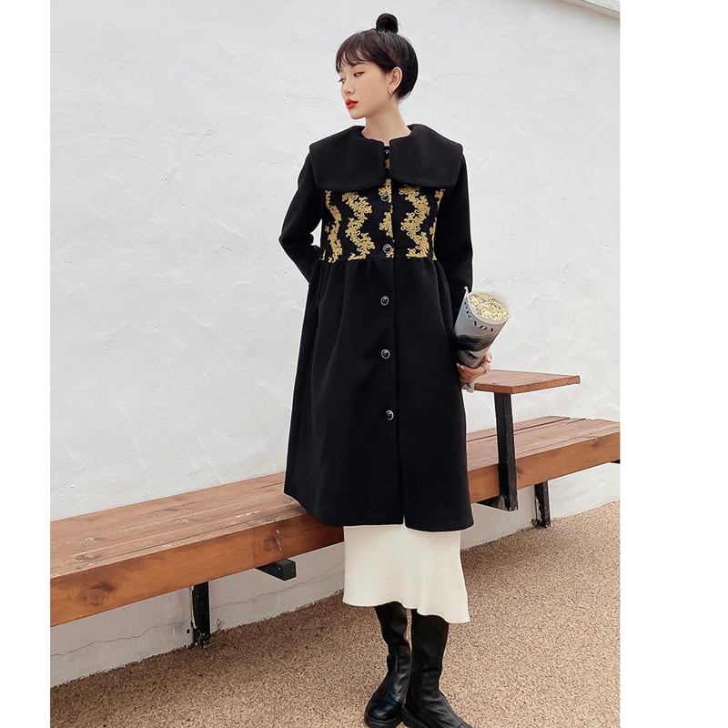 [First look series] ★China style coat★ Long coat outerwear coat cute black gold black SML