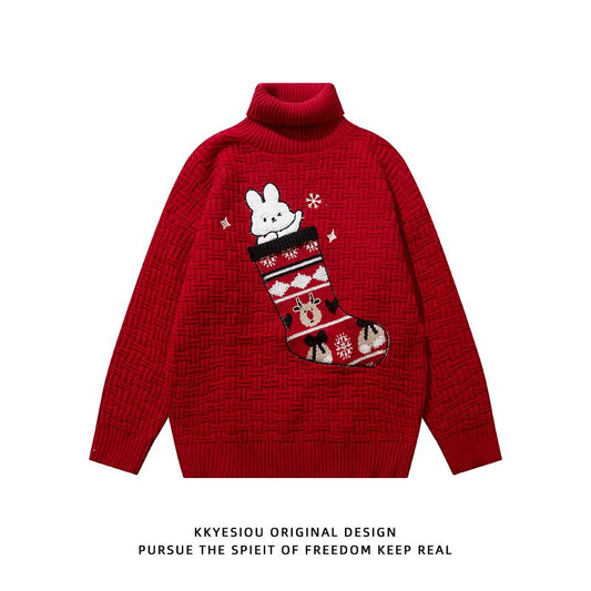 [KKYESIOU Series]★Sweater★ 3color Tops High Neck Christmas New Year Rabbit Unisex Men's Red Green Black