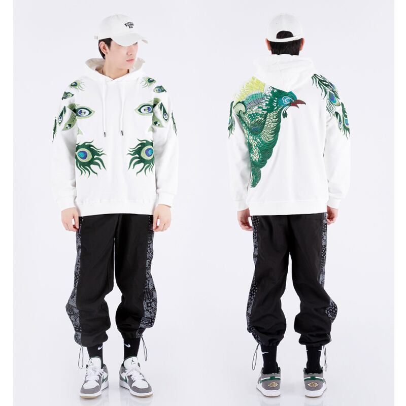 [Machiha clan series] ★Embroidery Chinese style hoodie★ 2color black or white peacock original cool