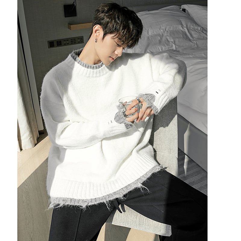 [CHICERRO Series]★Sweater★ 2color Tops Color Scheme Fake Layered Unisex Men's White Gray