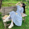 Load image into Gallery viewer, [Dong Xiaojie Series] ★Checked pattern dress★ Large size, commuting to school, commuting, slimming, cute, blue, summer clothes, short sleeves
