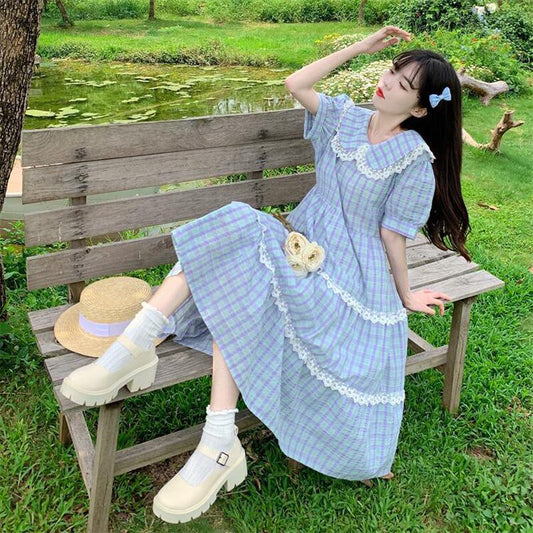 [Dong Xiaojie Series] ★Checked pattern dress★ Large size, commuting to school, commuting, slimming, cute, blue, summer clothes, short sleeves