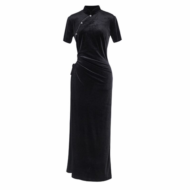 [Da Qinglong Shu Series] ★Cheongsam Dress★ Sexy One Piece Velvet Long Length Black Black Simple