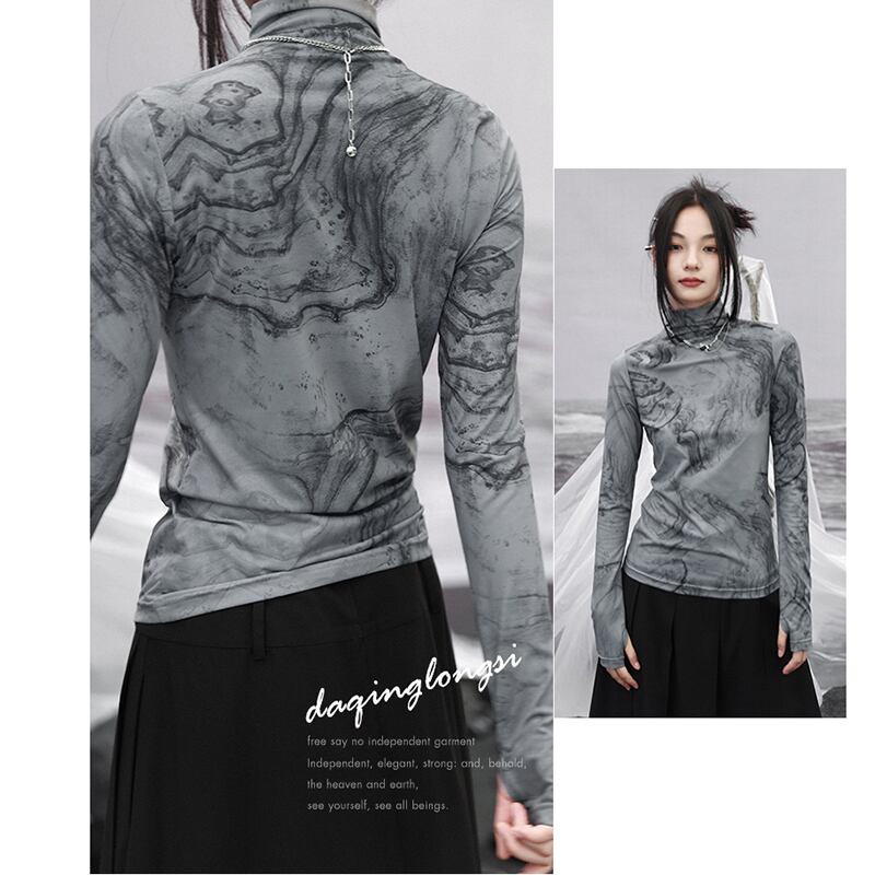 [Da Qinglong Shu Series] ★China style tops★ Knit tops, autumn clothes, spring clothes, slimming, ink pattern, stylish, easy to match for commuting