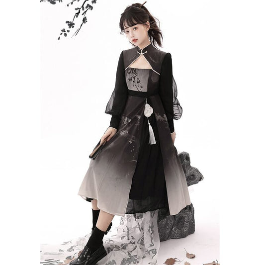 [Hanru's first --- Plum ink incense series] ★Chinese style setup★ 2-piece set Vest + dress Chinese clothes cute