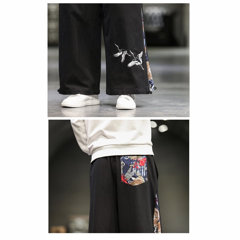 [Tsuncho Series] ★China style pants★ 3color wide pants black navy gray men's large size switching cool