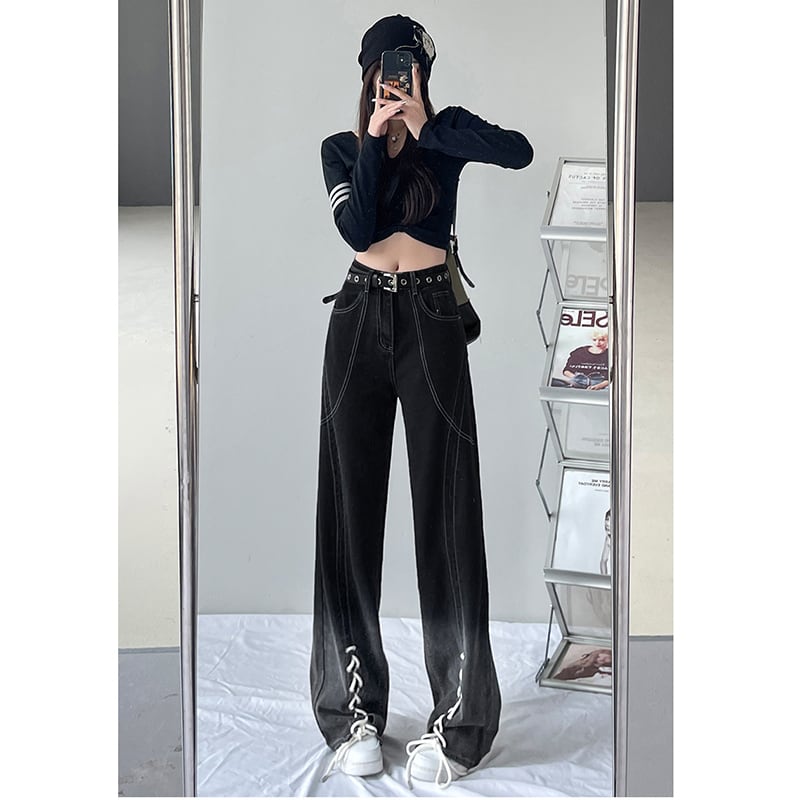 [YOUYAGE Series] ★Denim Pants★ Bottoms Trousers Casual Gradient Ladies Black Black