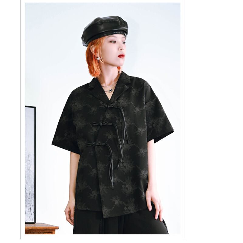 [Ancient monsters --- Ink series] ★China style shirt★ Tops Short sleeve shirt Black Black China button