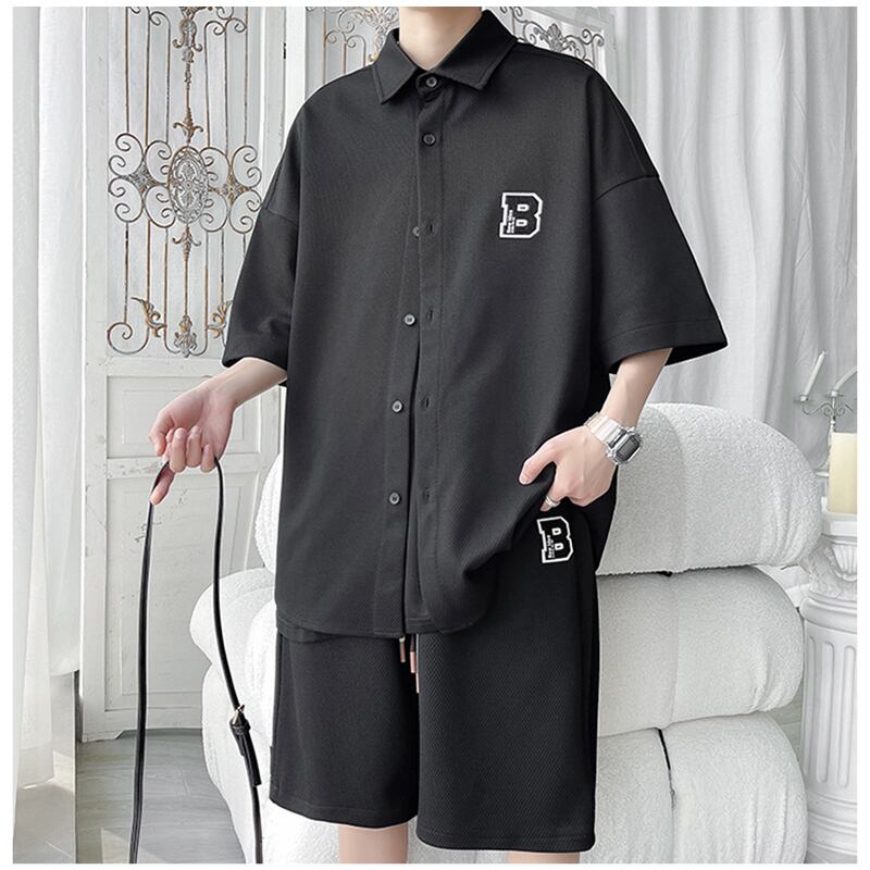 [BIGEMAN Series]★Setup★ Shirt + Shorts 2color Top and Bottom Set Unisex Men's Large Size Gray Black