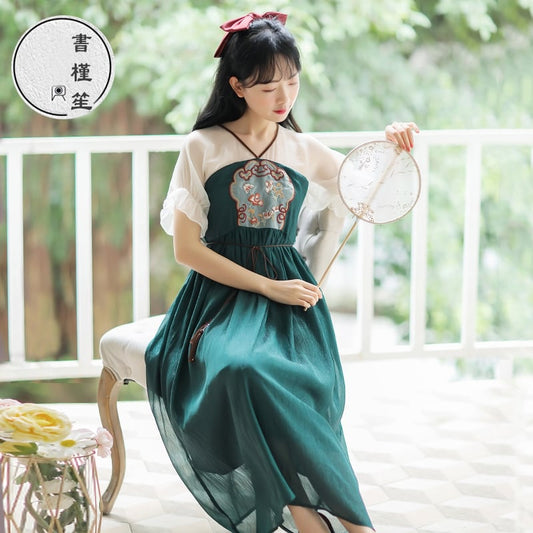 [Shogunsho series]★Hanfu dress★ Embroidery Casual wear Chiffon V-neck Green Green Coming-of-age ceremony SML XL Green Green