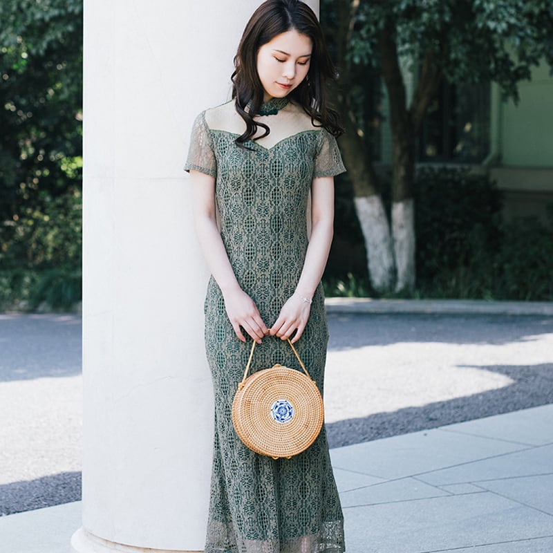 Chinese dress, One-piece dress, Improved Chinese dress, Chinese style clothing, Stand neck, Short sleeves, Long length, Elegant, Slimming, Elegant, Large size, SML, XL, 2XL, 3XL, Lace, Green, Green