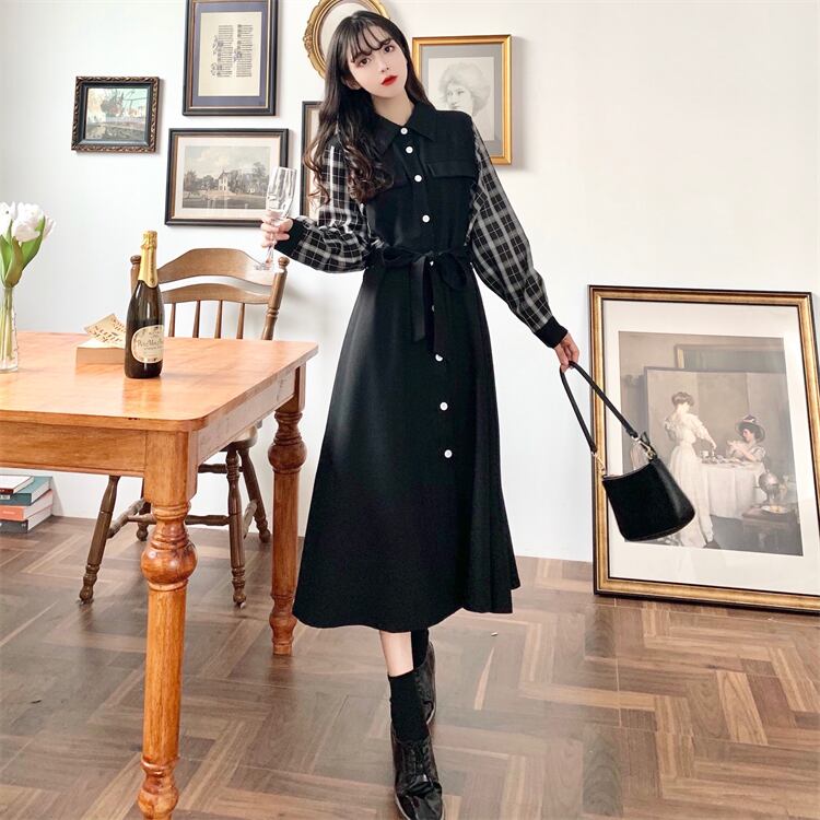 [Dong Xiaojie Series] ★Long sleeve dress★ Large size ladies dress Plaid pattern Commuting Black Black