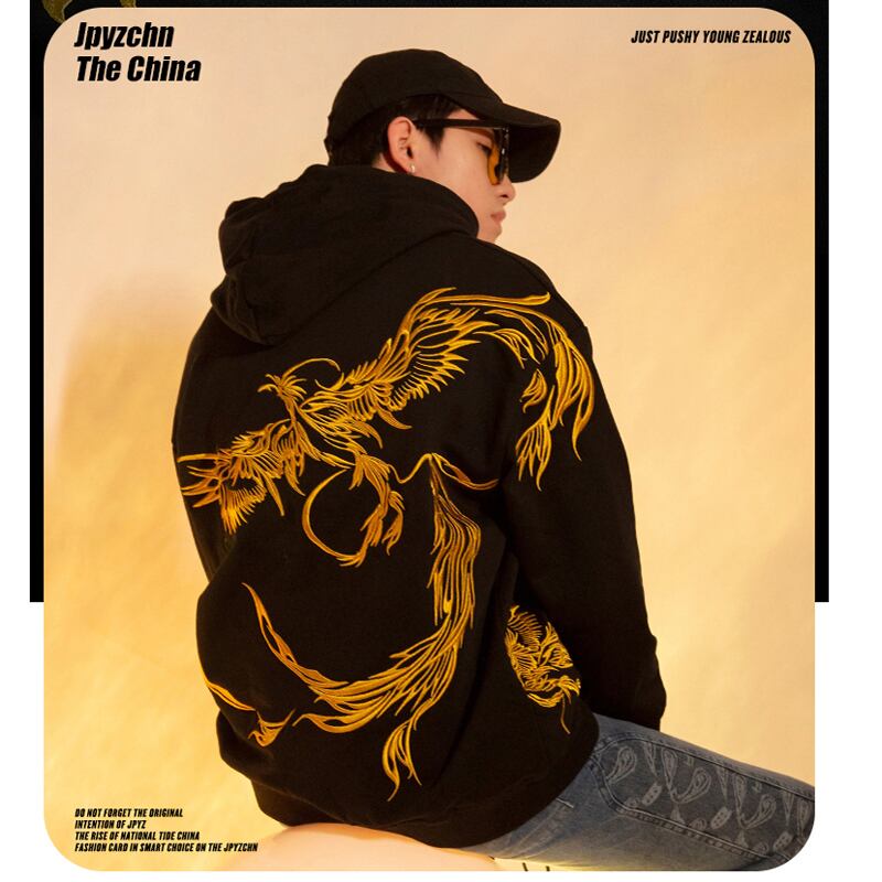 [Machiha clan series]★China style hoodie★ 2color black or white gold phoenix red phoenix embroidery stylish unique unisex men's