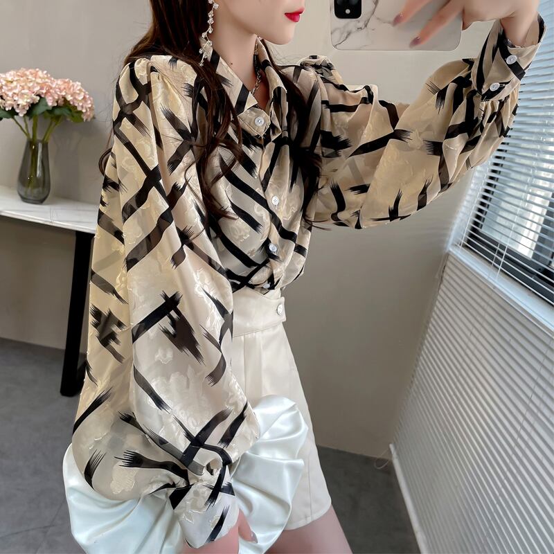 [MOLI Series]★Shirt★ Tops Floral Pattern Chiffon Lantern Sleeve Long Sleeve Commuting Beige POLO Neck