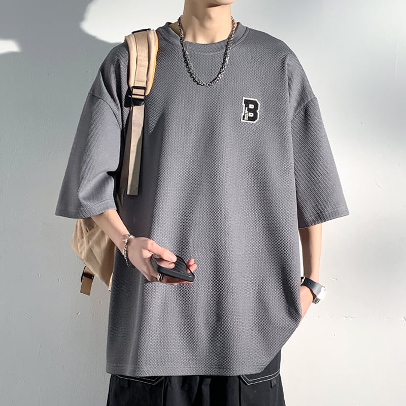 [BIGEMAN Series]★T-shirt★ Tops 2color Unisex Men's Large Size Black Gray Short Sleeve Casual