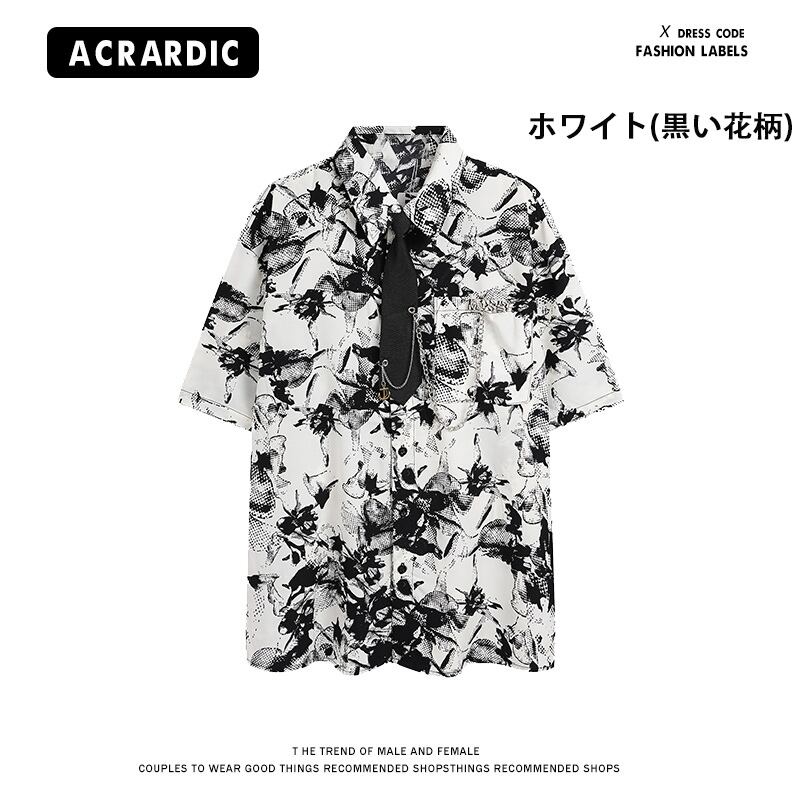 【MDYCDシリーズ】★ネクタイ付きシャツ★ 2color 花柄シャツ トップス 半袖シャツ 男女兼用 メンズ ブラック ホワイト