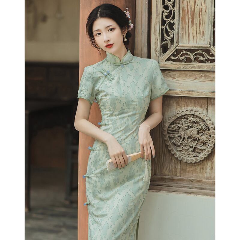 [Queen Series] ★China-style dress★ Improved cheongsam dress Improves temperament Short sleeves Green Green S M L XL