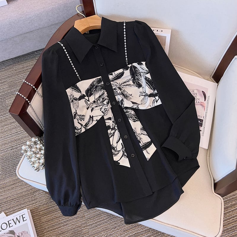 [BAITANG series] ★China style shirt★ 2color tops long sleeve shirt fake layered ink pattern black white