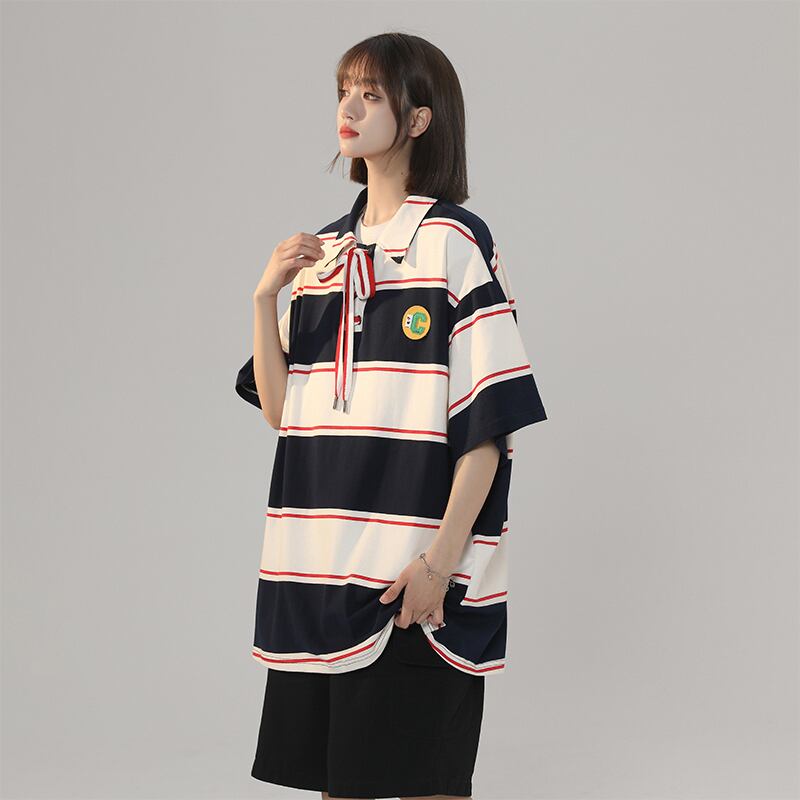 [CHAOMEICHEN Series]★Polo shirt★ 3color tops, short sleeve T-shirt, unisex, men's, striped pattern, horizontal stripes