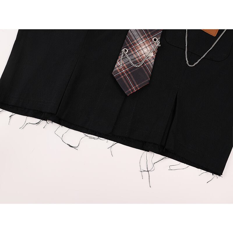 [LHSEN Series]★Shirt with tie★ Long sleeve shirt with chain Short length Plaid pattern Stylish Black