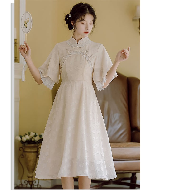 [Takumi Hanamori Series] ★China style dress★ 2color improved cheongsam dress floral pattern cute blue beige SML