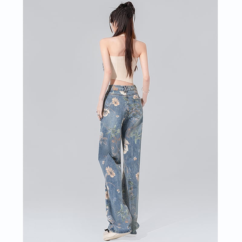 [XURU series] ★Denim pants★ Bottoms Trousers Floral pattern slimming ladies Blue Blue XS S M L XL