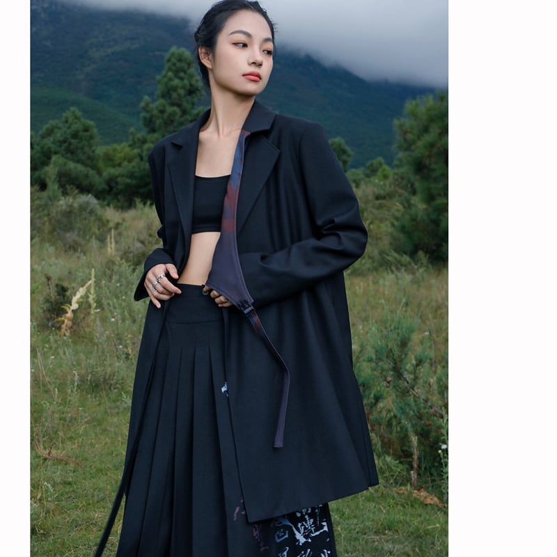 [Big Blue Dragon Series] ★China style coat★ Outer blazer Black Black lettering pattern Slimming changeover