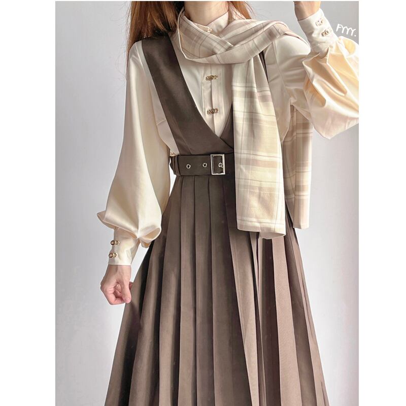 [Dusty clouds dream---Hikisoushi series] ★Sleeveless dress★ Easy to match pleated skirt coffee color retro SML