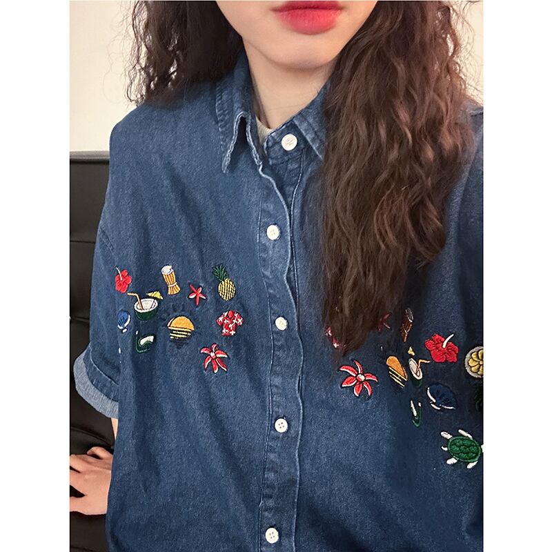 [PUDUN Series]★Denim shirt★ Tops, short sleeve shirt, unisex, men's, unique, embroidery, summer clothes, blue, blue