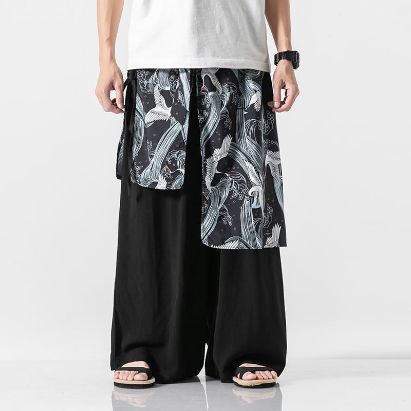 [Grass ink series] ★China style pants★ 4color black or white or blue or navy men's gaucho pants gaucho crane