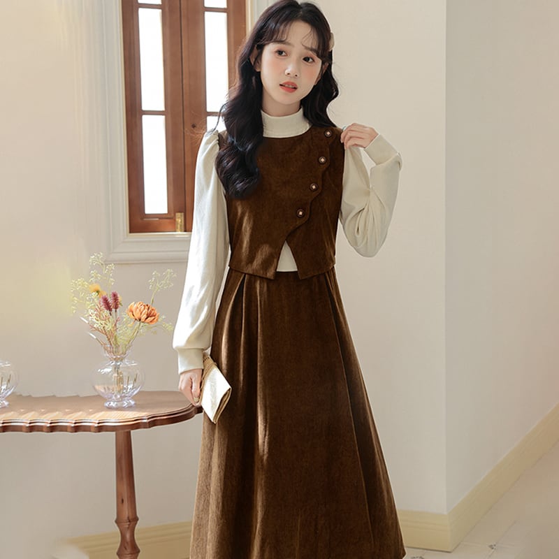 [CHIC Series] ★One Piece★ Faux Layered Corduroy Coffee Color Date Improves Temperament