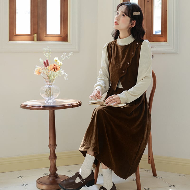 [CHIC Series] ★One Piece★ Faux Layered Corduroy Coffee Color Date Improves Temperament