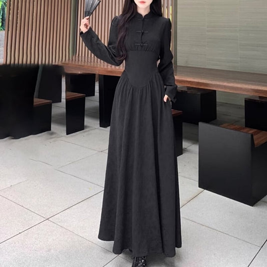 [Dong Xiaojie Series] ★China style dress★ Long length, large size, slimming, black, black