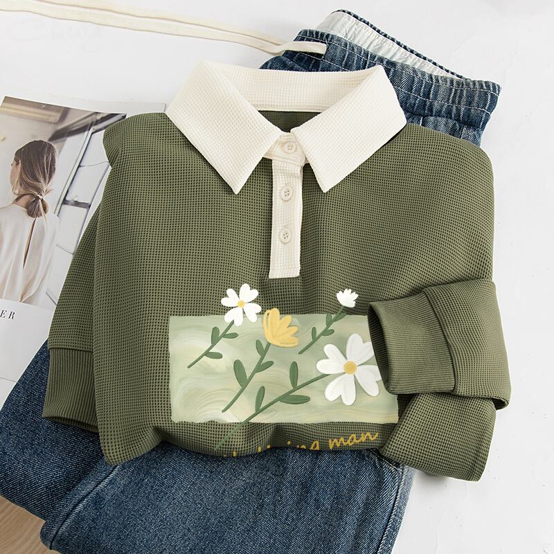 [CHUYI series]★POLO shirt★ 3color tops floral pattern casual green beige