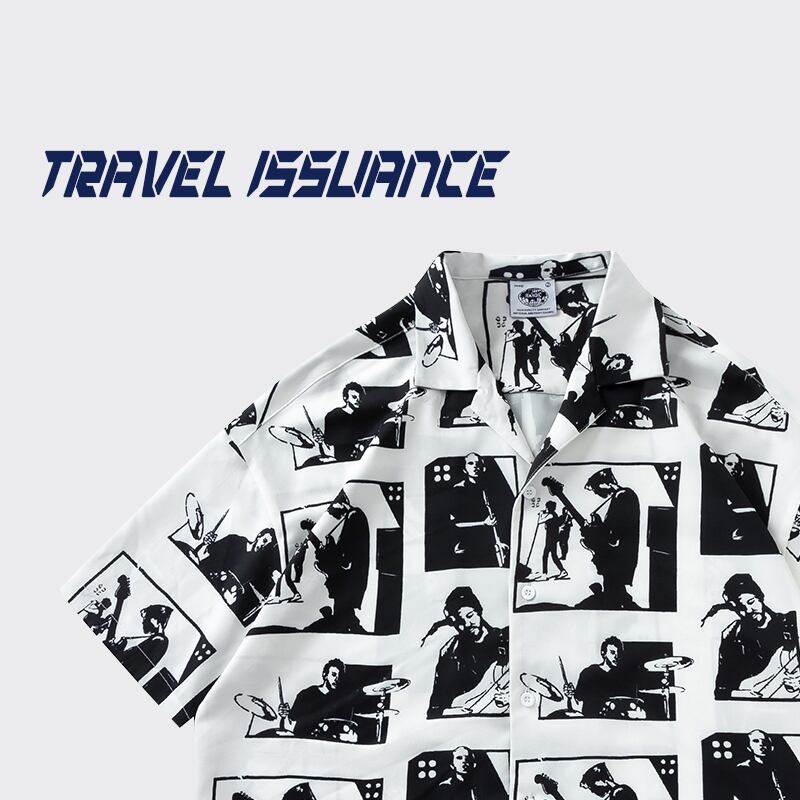 [TRAVEL ISSUANCE Series]★Retro Shirt★ 4color Graffiti Print Unisex Men's Red Green White Black