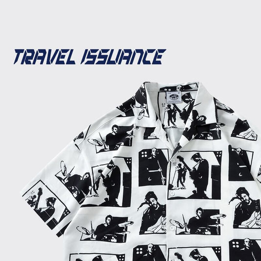 【TRAVEL ISSUANCEシリーズ】★レトロ シャツ★ 4color 落書き プリント 男女兼用 メンズ レッド グリーン ホワイト ブラック