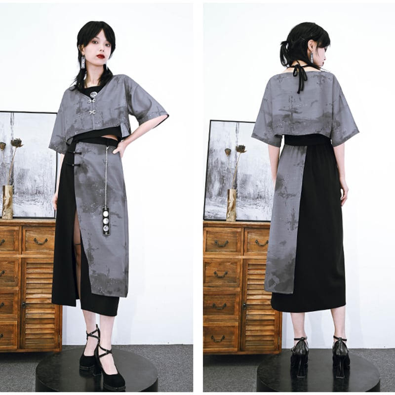 [Kokaisha --- Smoke Cloud Mio Series]★Setup Single item order★ Camisole + happi coat or skirt Ink pattern Chinese clothes