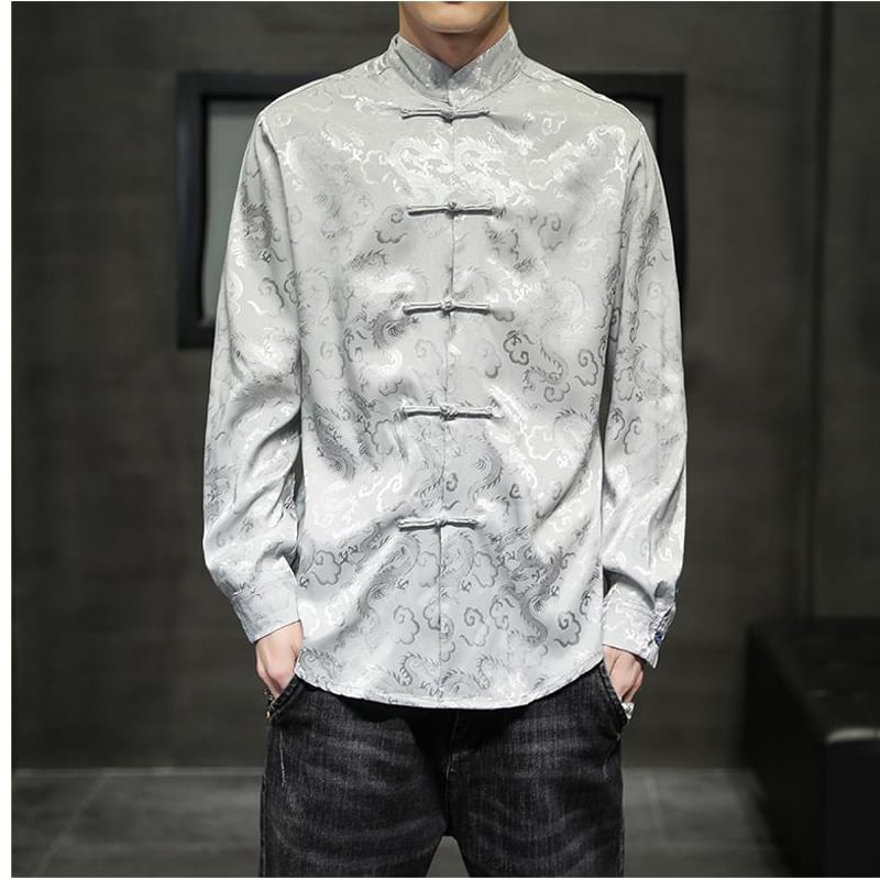 [BITIWO Series]★China style shirt★ Men's 6color tops Dragon crest large size black white blue silver yellow red thin