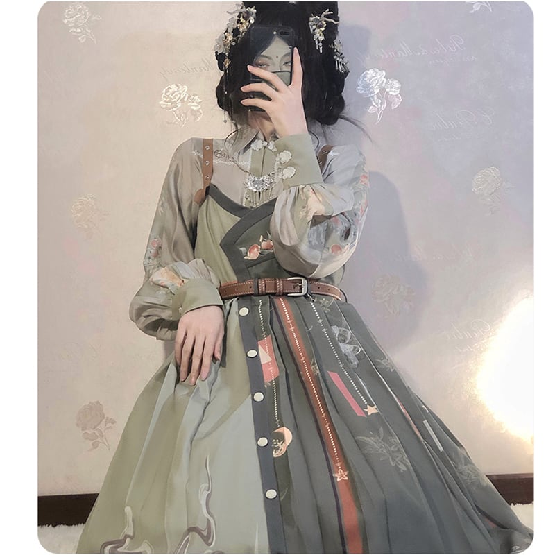 [Hanayu Poetry Series] ★Chinese style setup★ Shirt + hanging dress Green Green Cute Improved Hanfu