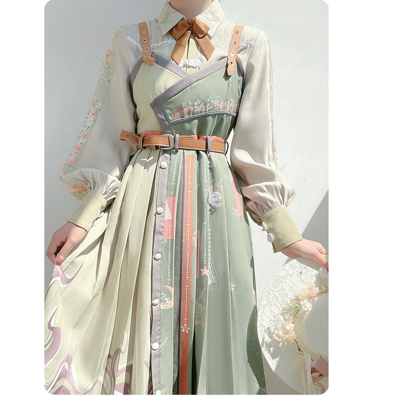 [Hanayu Poetry Series] ★Chinese style setup★ Shirt + hanging dress Green Green Cute Improved Hanfu