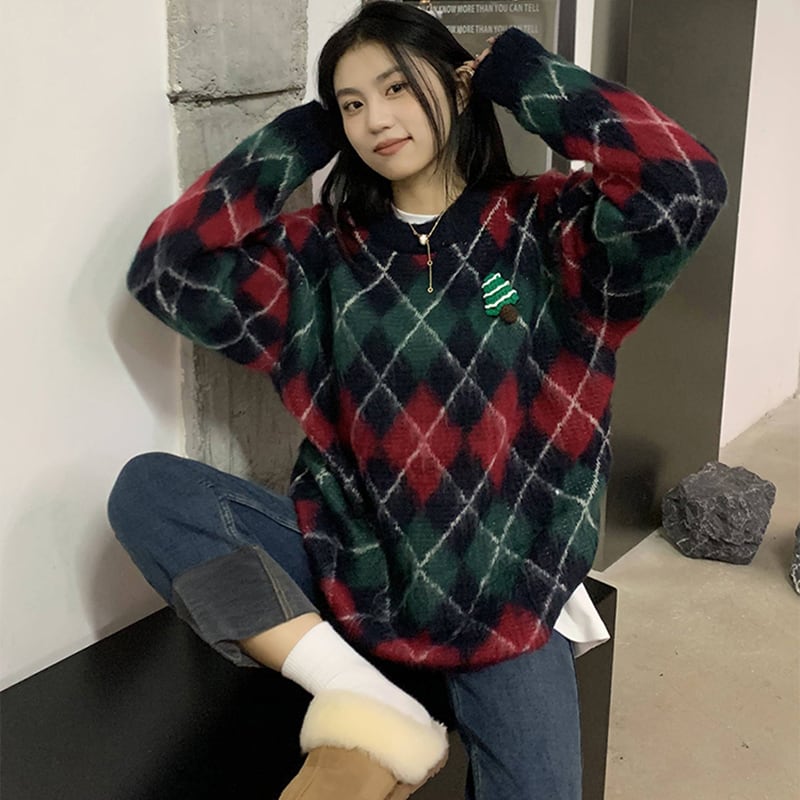 [Tachibana Koju Series] ★Sweater★ 2color knit tops Christmas rhombus cute fashion