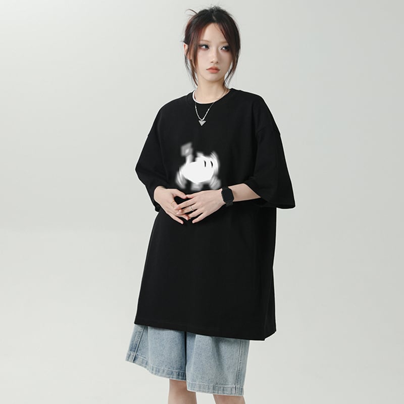 [LIEQU Series]★T-shirt★ 3color Tops Loose Summer Clothes Unisex Men's Cat Black White Easy to match